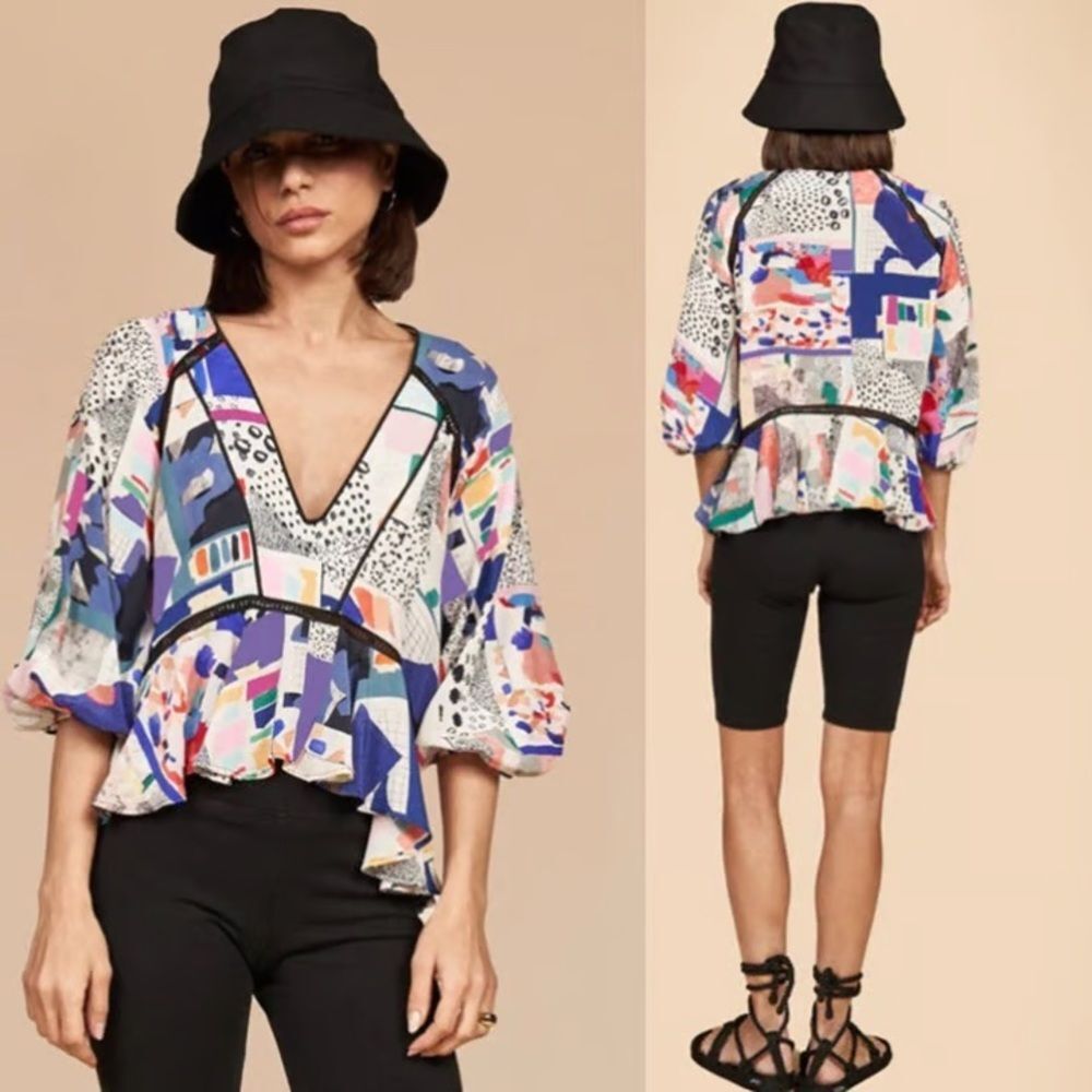 Hunter Bell Abstract Geometric Print Grayson Artsy Peplum V-Neck Silk Top Small